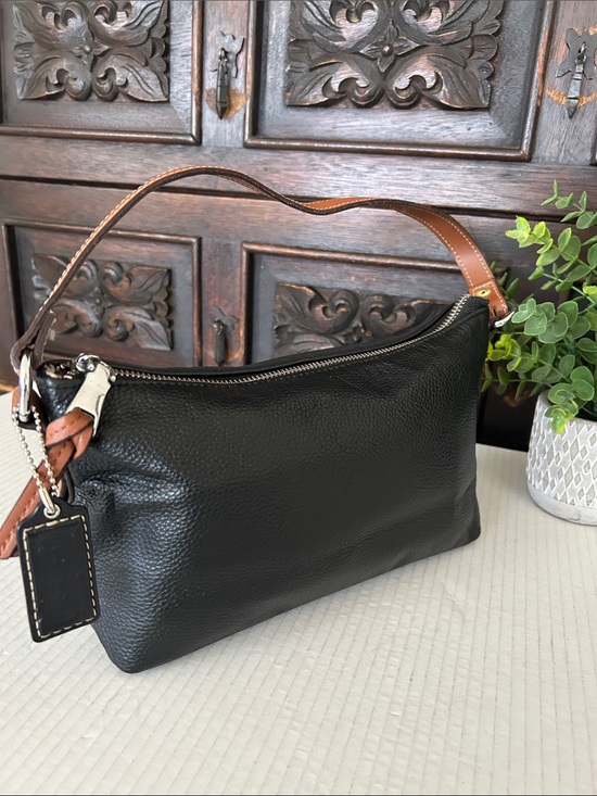 Handbags - Black Leather Wristlet with Brown Strap
